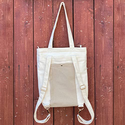 KELAMY Convertible Canvas Backpack Tote with Zippers & Pockets Color Block Tote Bag / Backpack (Tan)