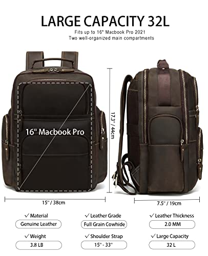 Taertii Full Grain Mens Leather Backpack for 15.6" Laptop Large Capacity 32L Multi Pockets Travel Work Hiking Daypacks