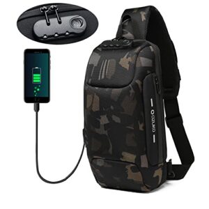ozuko men sling backpack nylon water resistant shoulder chest crossbody sling bag with usb charging port black (camouflage)