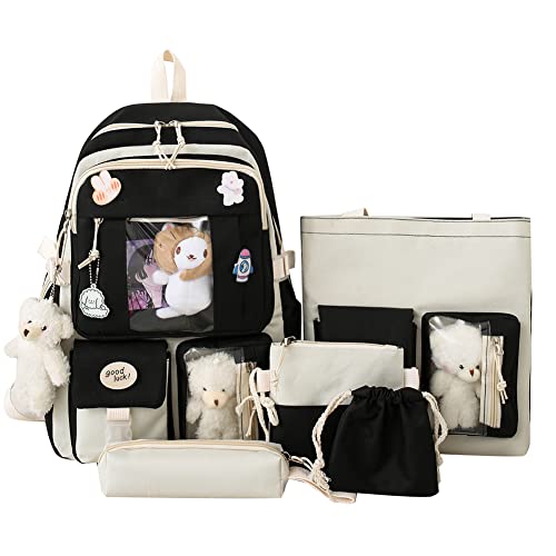 JQWSVE Kawaii Backpack with Kawaii Pin & Accessories 5Pcs Set Cute Backpack Aesthetic Backpack Preppy School Bags for Teen Girl