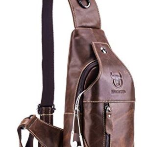 BULLCAPTAIN Genuine Leather Men Bags Shoulder Sling Crossbody Bag Casual Mens Chest Bag Travel Hiking Backpack(Brown)