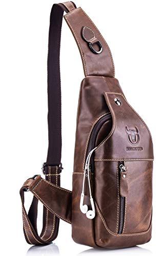 BULLCAPTAIN Genuine Leather Men Bags Shoulder Sling Crossbody Bag Casual Mens Chest Bag Travel Hiking Backpack(Brown)