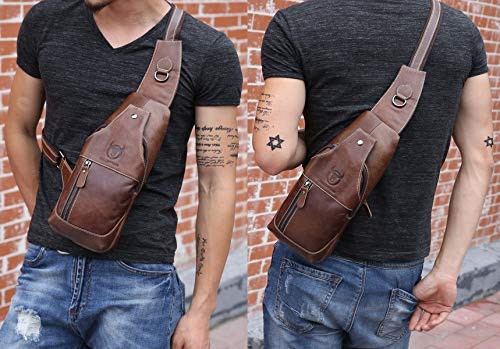 BULLCAPTAIN Genuine Leather Men Bags Shoulder Sling Crossbody Bag Casual Mens Chest Bag Travel Hiking Backpack(Brown)