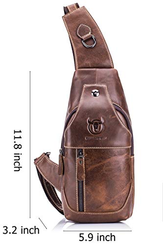 BULLCAPTAIN Genuine Leather Men Bags Shoulder Sling Crossbody Bag Casual Mens Chest Bag Travel Hiking Backpack(Brown)