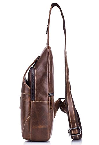 BULLCAPTAIN Genuine Leather Men Bags Shoulder Sling Crossbody Bag Casual Mens Chest Bag Travel Hiking Backpack(Brown)