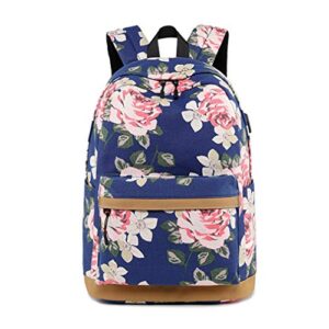 floral school backpack for girls college bookbags travel backpack laptop rucksack travel backpack with usb charging port, casual daypack for women with usb charging port (blue floral)