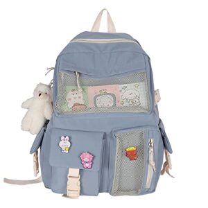 kawaii backpack aesthetic laptop bag large capacity school bag 17in cute bookbag backpacks for girls with badge&cute pendant blue2