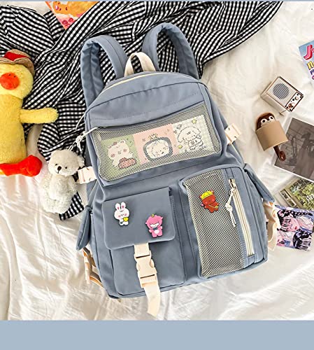 Kawaii Backpack Aesthetic Laptop Bag Large Capacity School Bag 17in Cute Bookbag Backpacks for Girls with Badge&Cute Pendant Blue2