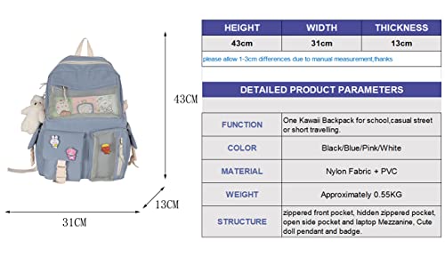 Kawaii Backpack Aesthetic Laptop Bag Large Capacity School Bag 17in Cute Bookbag Backpacks for Girls with Badge&Cute Pendant Blue2