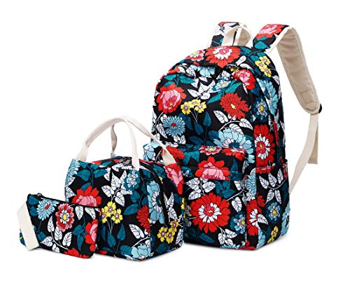 Joymoze Teen Girl School Backpack with Insulated Lunch Bag Pencil Purse Blue Flower One_Size