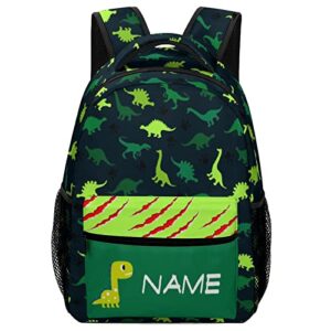 mrokouay custom kid’s student backpack green dinosaur print personalized backpack add your name text, customization cute lightweight backpack for boys girls