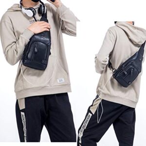 BULLCAPTAIN Men Sling Crossbody Bag with USB Charging Port Genuine Leather Shoulder Chest Bag Travel Hiking Backpack (Black)
