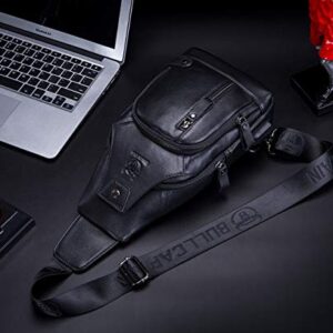 BULLCAPTAIN Men Sling Crossbody Bag with USB Charging Port Genuine Leather Shoulder Chest Bag Travel Hiking Backpack (Black)