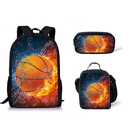 doginthehole Basketball Print Backpack Set 3 Piece Shoulder Pencil Bags Lunch Bag