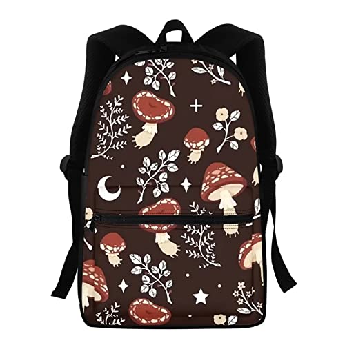 Freewander Multi-Compartment 15" Laptop Bag, Lightweight Portable Backpack, Adjustable Shoulder Straps, with Side Water Bottle Pockets, Creative Brown Cartoon Red Mushroom Print