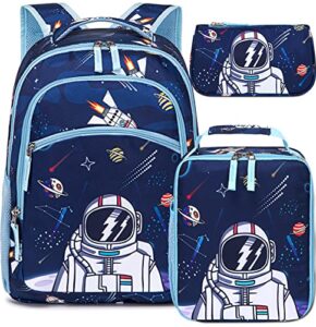 kids backpack for school boys girls space preschool bookbag with lunch box pencil case set elementary backpacks kindergarten school bags (astronaut-navy blue)