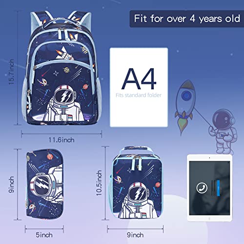 Kids Backpack for School Boys Girls Space Preschool Bookbag with Lunch Box Pencil Case Set Elementary Backpacks Kindergarten School Bags (Astronaut-Navy Blue)