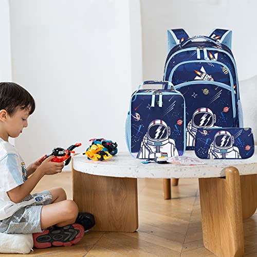 Kids Backpack for School Boys Girls Space Preschool Bookbag with Lunch Box Pencil Case Set Elementary Backpacks Kindergarten School Bags (Astronaut-Navy Blue)