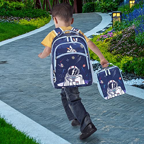 Kids Backpack for School Boys Girls Space Preschool Bookbag with Lunch Box Pencil Case Set Elementary Backpacks Kindergarten School Bags (Astronaut-Navy Blue)