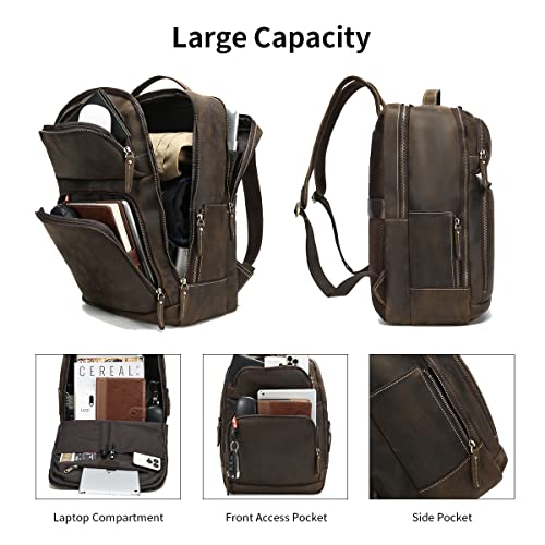 Hespary Full Grain Leather Travel Backpack For Man Hiking Backpack Rucksack Casual Daypack Bag Fit 17.3 Inch Laptop