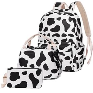 cow print school bag set, junlion laptop backpack lunch bag pencil case white
