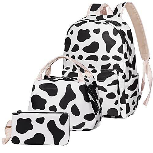 Cow Print School Bag Set, Junlion Laptop Backpack Lunch Bag Pencil Case White