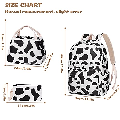 Cow Print School Bag Set, Junlion Laptop Backpack Lunch Bag Pencil Case White