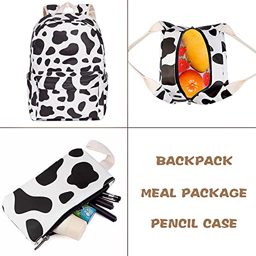 Cow Print School Bag Set, Junlion Laptop Backpack Lunch Bag Pencil Case White