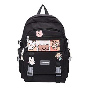 kawaii backpack for teen girls aesthetic student bookbags with cute pin bear pendant harajuku school nylon waterproof (black)