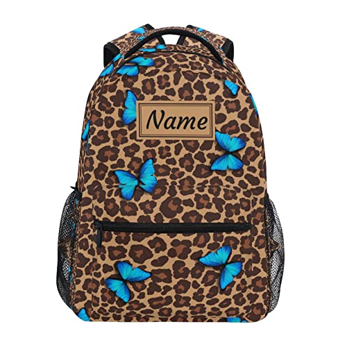 Blue Butterfly Leopard Cheetah Print Custom School Backpack for Boys Girls, Personalized Name Elementary School Bookbag Travel Bag Daypack