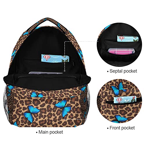 Blue Butterfly Leopard Cheetah Print Custom School Backpack for Boys Girls, Personalized Name Elementary School Bookbag Travel Bag Daypack