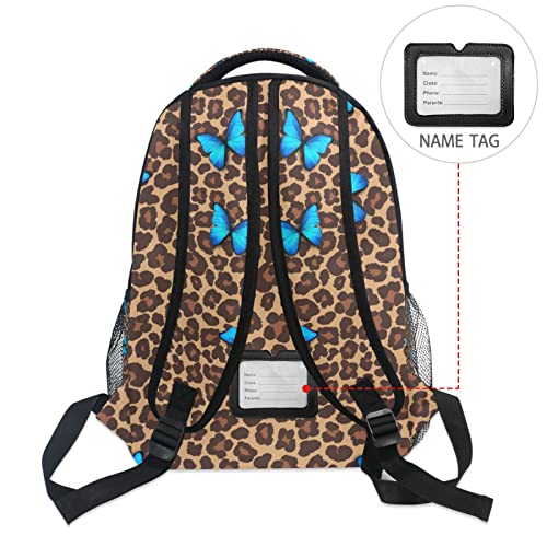 Blue Butterfly Leopard Cheetah Print Custom School Backpack for Boys Girls, Personalized Name Elementary School Bookbag Travel Bag Daypack