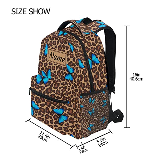 Blue Butterfly Leopard Cheetah Print Custom School Backpack for Boys Girls, Personalized Name Elementary School Bookbag Travel Bag Daypack