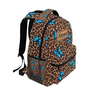 Blue Butterfly Leopard Cheetah Print Custom School Backpack for Boys Girls, Personalized Name Elementary School Bookbag Travel Bag Daypack