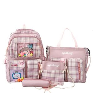 LaurelTree Kawaii Aesthetic Cute 4pcs School Bags Set with Accessories School Suppliers for Teens Girls Backpack Tote Bag (Pink)