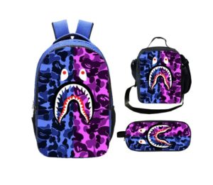 fashion shark teeth camo backpack laptop backpack big capacity bookbag camouflage pattern backpack for boys girls, one size