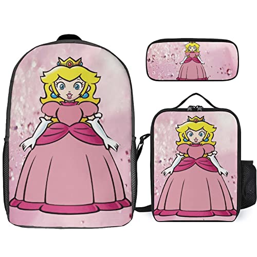 Girls Princess Peach Backpack And Lunch Bag Set Backpack Shoulder Bag Pencil Case Sparkling.