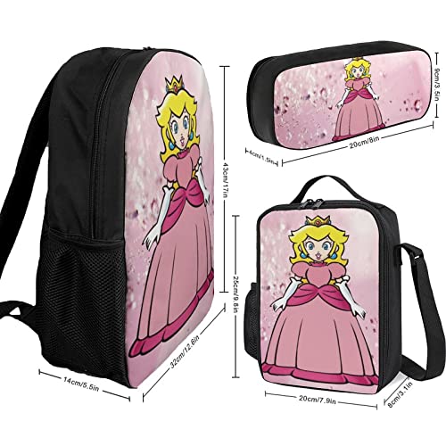 Girls Princess Peach Backpack And Lunch Bag Set Backpack Shoulder Bag Pencil Case Sparkling.