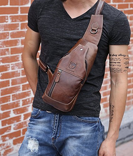 Men's Sling Bag Genuine Leather Chest Shoulder Backpack Cross Body Purse Water Resistant Anti Theft For Travel Hiking School