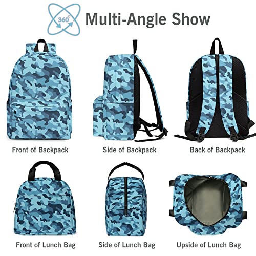 Camo 2-in-1 Backpack Set for Boys, Classic Camoflauge Kids School Backpack with Lunch Box Bag Combo, Lightweight Youth School Bags Bookbags 2pcs Set for Teen Students Travel Outdoor, 17 IN