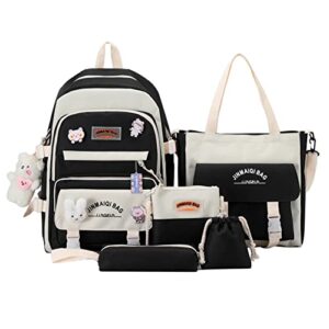areclern girls backpack for school, girl’s 5 in 1 backpack with lunch bag, handbag, pencil case, bear pendant black