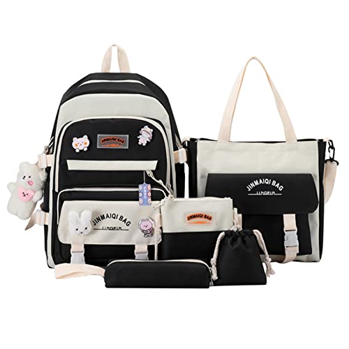 areclern Girls Backpack for School, Girl's 5 in 1 Backpack with Lunch Bag, Handbag, Pencil Case, Bear Pendant Black