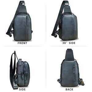 Genuine Leather Sling Bag Crossbody Purse Retro Handmade Hiking Daypack Motorcycle Shoulder Backpack Vintage Chest Bag (NavyBlue)
