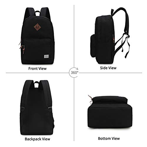 RAVUO School Backpack for Men Women, Water Resistant 15.6 inch Laptop Backpack Bookbags College Daypack Black Backpack School Bag with Side Pockets