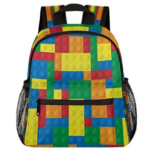 Kids Backpack Colorful Building Blocks, Durable Preschool Kindergarten Toddler Backpack for Teen Boys Girls, Lightweight School Bookbag Water Resistant Casual Daypack with Chest Strap