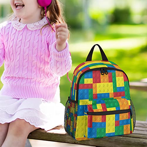 Kids Backpack Colorful Building Blocks, Durable Preschool Kindergarten Toddler Backpack for Teen Boys Girls, Lightweight School Bookbag Water Resistant Casual Daypack with Chest Strap
