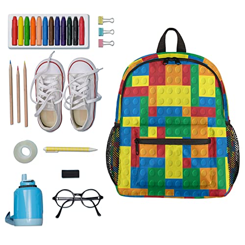 Kids Backpack Colorful Building Blocks, Durable Preschool Kindergarten Toddler Backpack for Teen Boys Girls, Lightweight School Bookbag Water Resistant Casual Daypack with Chest Strap