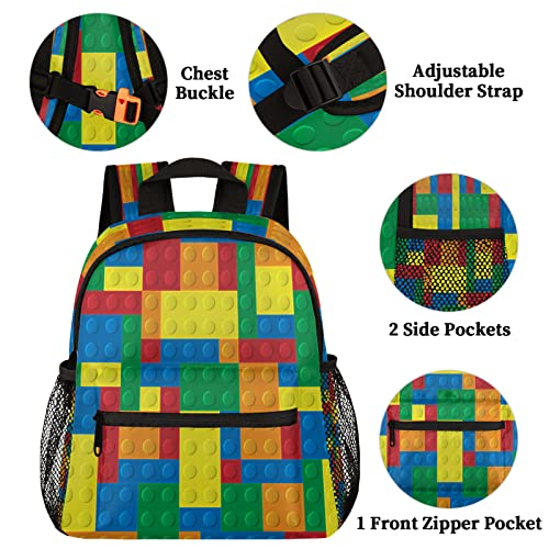 Kids Backpack Colorful Building Blocks, Durable Preschool Kindergarten Toddler Backpack for Teen Boys Girls, Lightweight School Bookbag Water Resistant Casual Daypack with Chest Strap