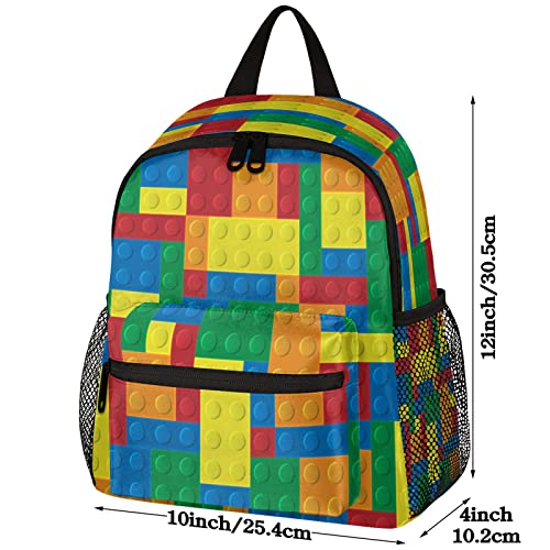 Kids Backpack Colorful Building Blocks, Durable Preschool Kindergarten Toddler Backpack for Teen Boys Girls, Lightweight School Bookbag Water Resistant Casual Daypack with Chest Strap