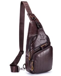 bullcaptain men genuine leather sling bag backpack multi-pocket chest bag outdoor hiking travel daypack (coffee)